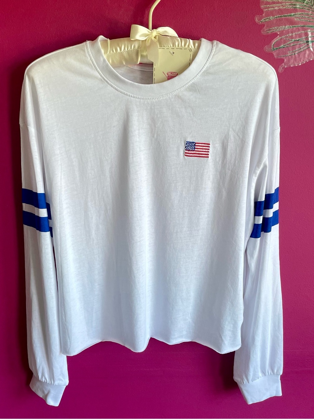 🇺🇸Rebellious One White Long-Sleeve Tee with Blue Sleeve Stripes and Flag Patch